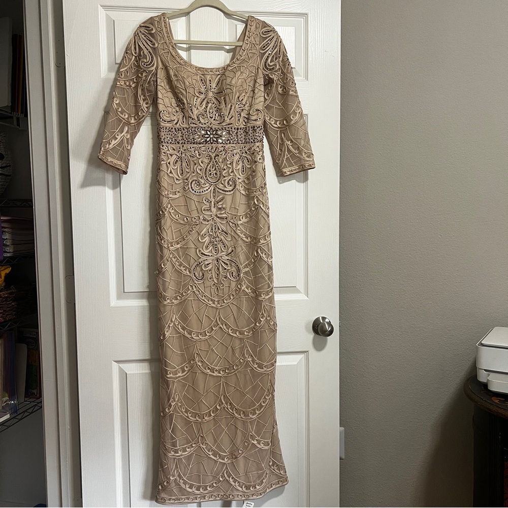 Sue Wong Elegant Embellished Long Sleeve Evening Dress - Beige